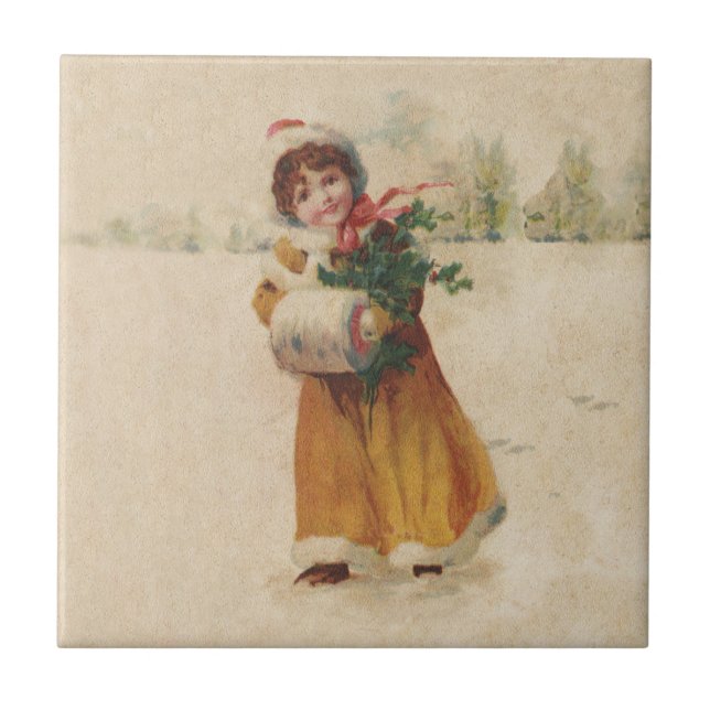 Carreau Antique Fille de Noël Enfant d'hiver (Devant)