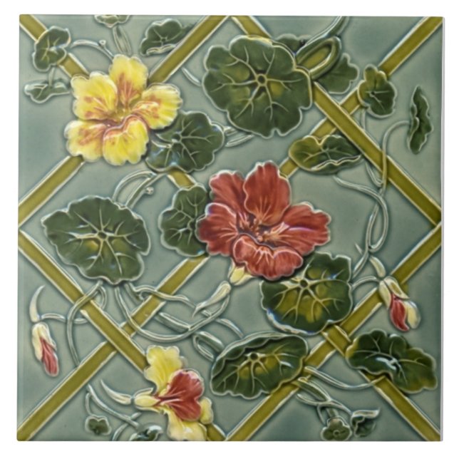 Carreau Antique Minton Floral Trellis Majolica Tile Repro (Devant)