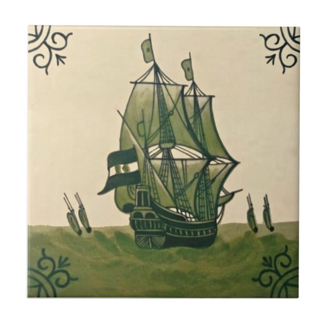 Carreau Antique Minton Hollins Delft Boat Tile #3 Repro (Devant)