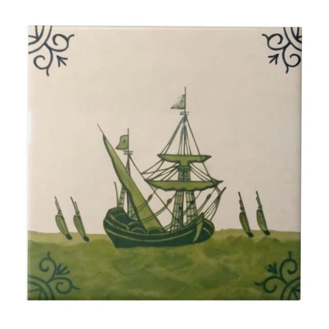 Carreau Antique Minton Hollins Delft Boat Tile #4 Repro (Devant)