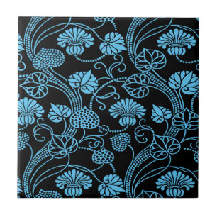 Carreau Antique motif floral noir sur bleu