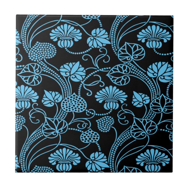Carreau Antique motif floral noir sur bleu (Devant)