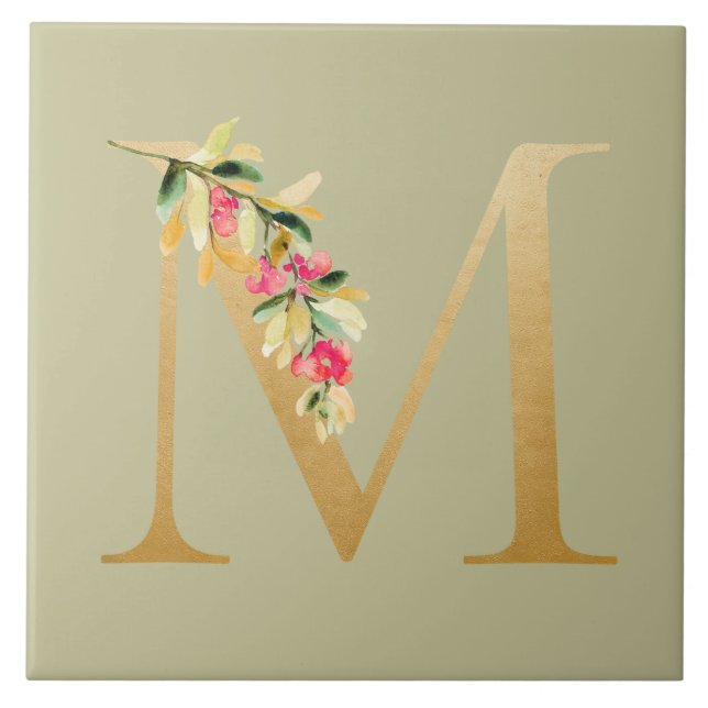 Carreau Antique olivier arrière - plan faux or M floral (Devant)