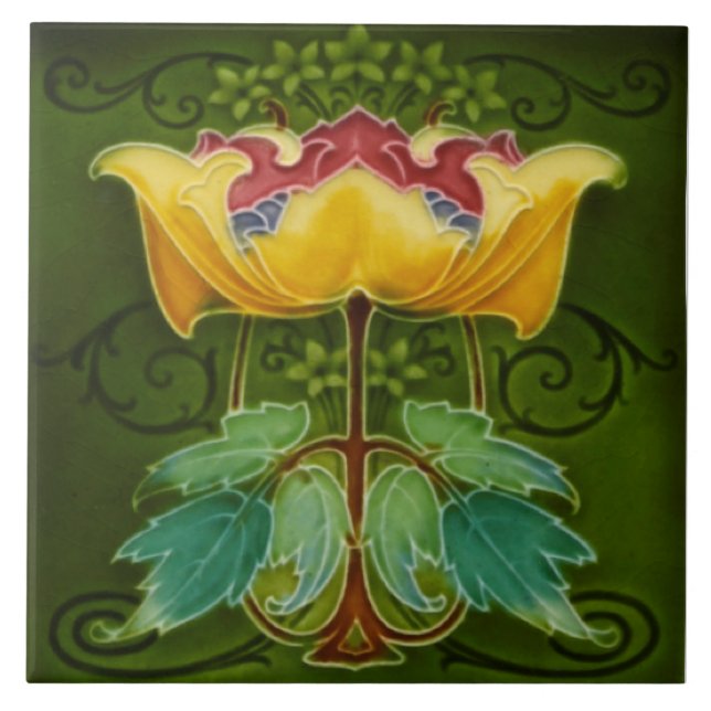 Carreau Antique Rhodes c1900 Art Nouveau Majolica Floral (Devant)