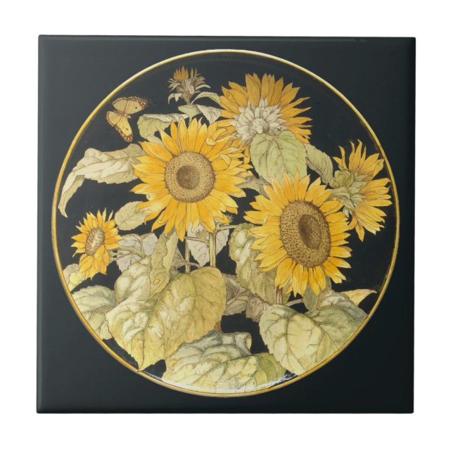 Carreau Antique Tournesol céramique Art Round Gold Bordure (Devant)