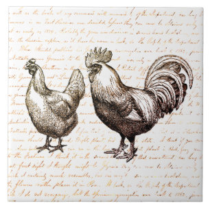 Carreau Antique Vintage Coq Poulet Rouge Script
