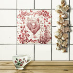 Carreau Antique Vintage Rooster Rouge Toile Floral Script<br><div class="desc">Vieille gravure vintage / gravure d'un coq,  plantes,  fleurs,  insectes et papillons avec script calligraphique dans l'arrière - plan,  parfait pour la décoration de style rustique</div>