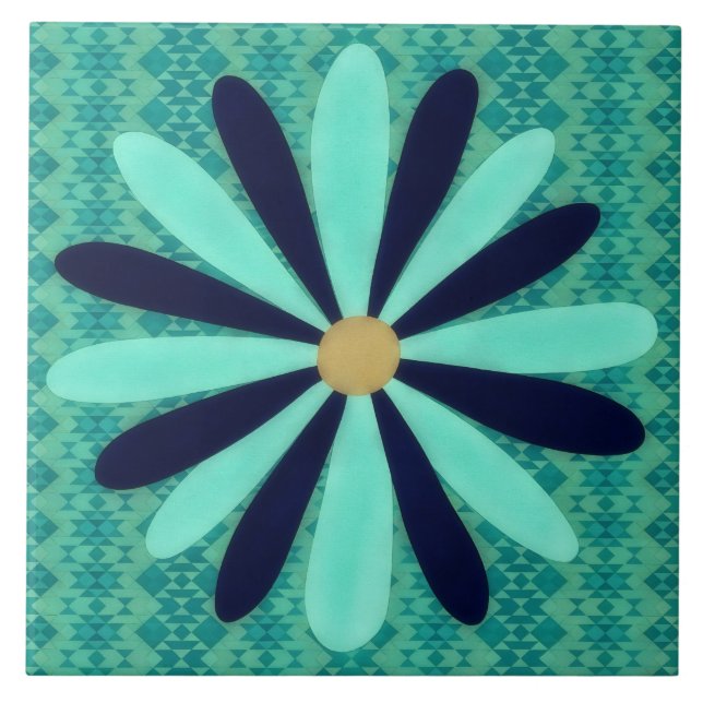 Carreau Aqua Blue Southwestern Style Flower Art Decorative (Devant)
