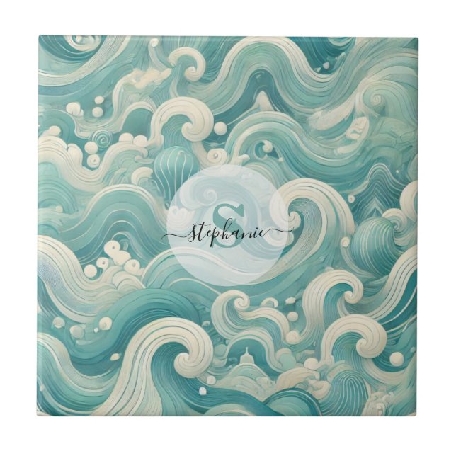 Carreau Aqua Blue & White Wave Abstraite - Art moderne Flu (Devant)