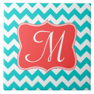 Carreau Aqua Coral Chevron Monogramme moderne