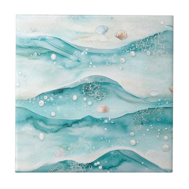 Carreau Aqua Ocean Waves & Seashell Pattern (5) (Devant)