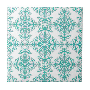 Carreau Aqua Turquoise élégant sur motif damassé blanc