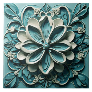Carreau Aqua Turquoise Turquoise Faux Relief Floral Flower