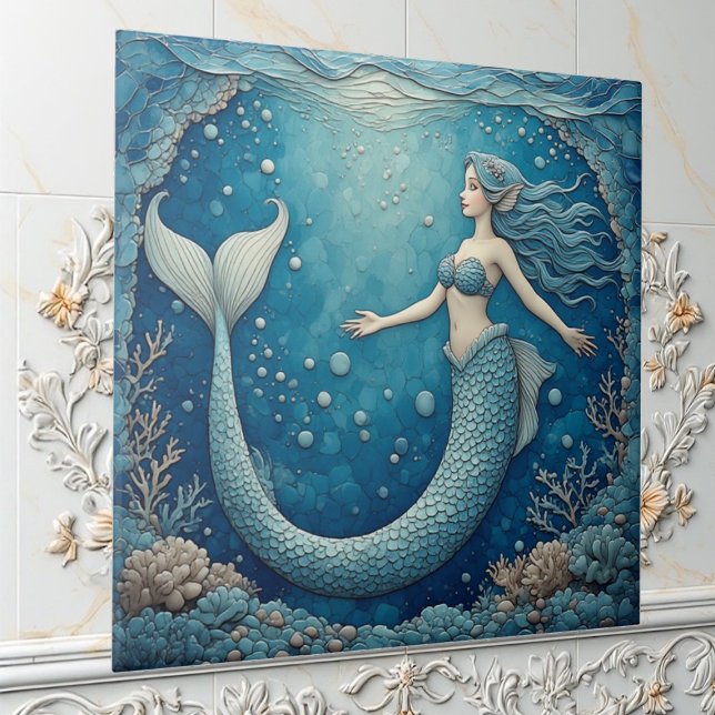 Carreau Aquamarine Mermaid Ocean Mosaic Iridescent Alcove  (Aquamarine Mermaid Ocean Mosaic Iridescent Alcove Ceramic Tile)