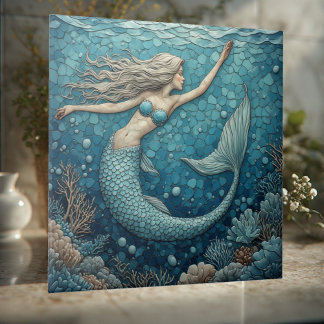 Carreau Aquamarine Mermaid Ocean Mosaic Luminous Coral Art