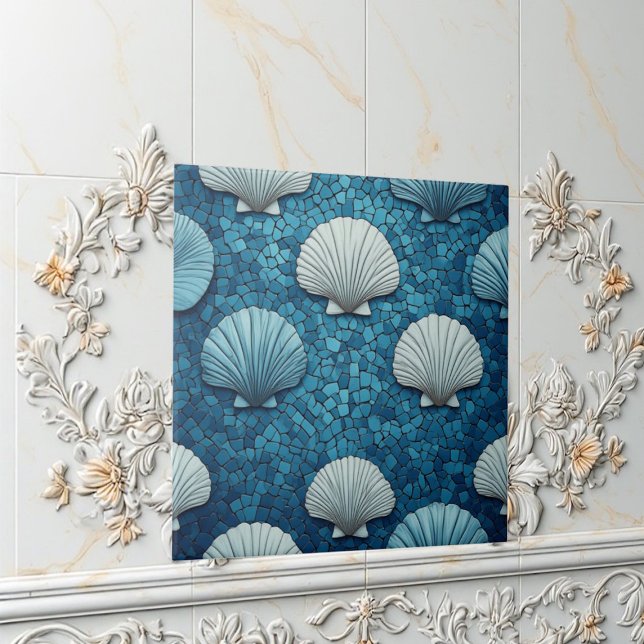 Carreau Aquamarine Seashells Mosaic Blue Ocean Marine Life (Aquamarine Seashells Mosaic Blue Ocean Marine Life Ceramic Tile)