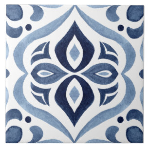 Carreau Aquarelle à motif bleu et blanc méditerranéen