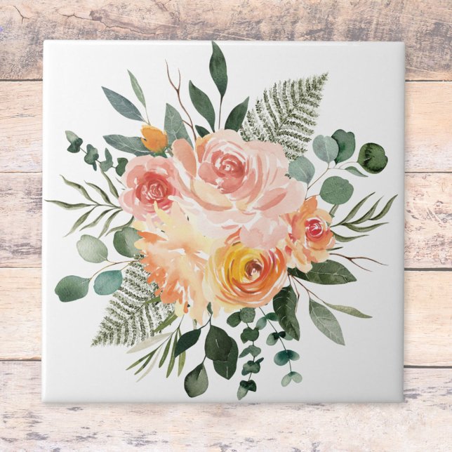 Carreau Aquarelle Automne Russe Rose Peach Bouquet (Close up)