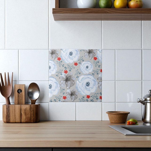 Carreau Aquarelle bleu argent Floral (Créateur téléchargé)
