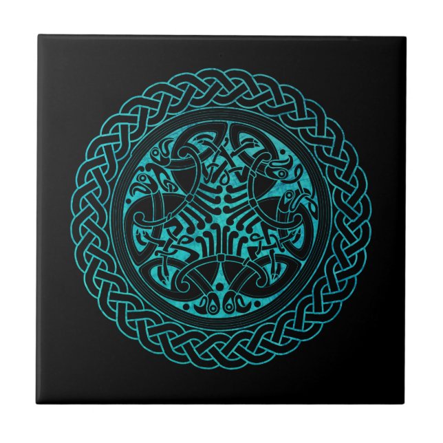 Carreau Aquarelle Bleu Célite Cercle de noeuds avec oiseau (Devant)