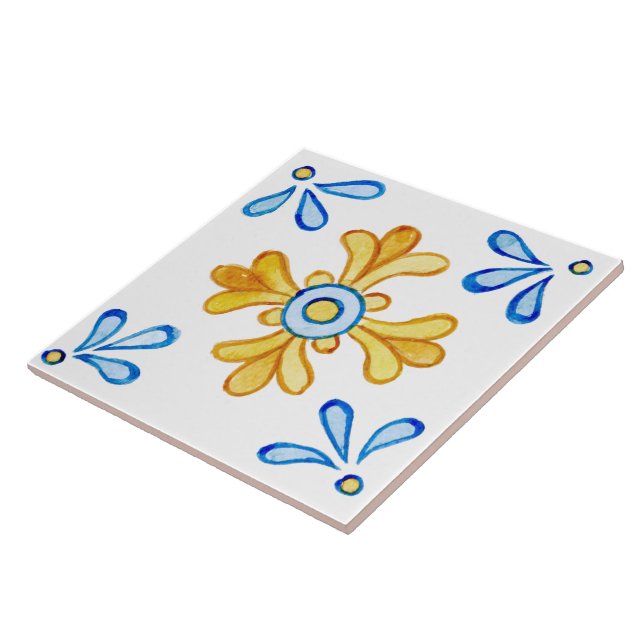 Carreau Aquarelle bleu méditerranéen carrelage jaune peint (Côté)