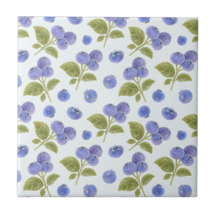 Carreau Aquarelle Blueberry Fruit avec Feuille Bleu clair