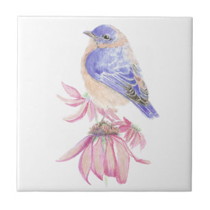 Carreau Aquarelle Bluebird Fleur rose Oiseau Art