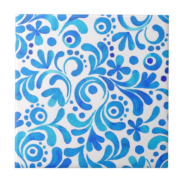 Carreau Aquarelle botanique Bleu et Blanc (Devant)