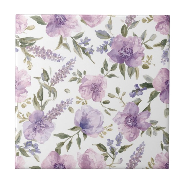 Carreau Aquarelle botanique florale violette lavande (Devant)