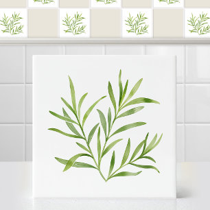 Carreau Aquarelle branche de feuille de tarragon botanique