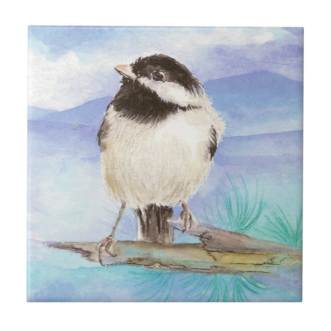 Carreau Aquarelle Chickadee Cute Little Bird Art (Devant)