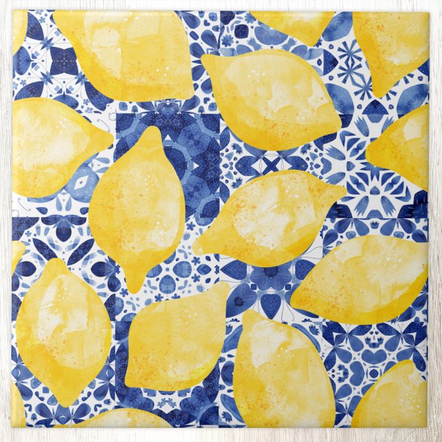 Carreau Aquarelle citron Méditerranée Carrelage blanc (Modern citrus lemon watercolor pattern decorative ceramic tile)