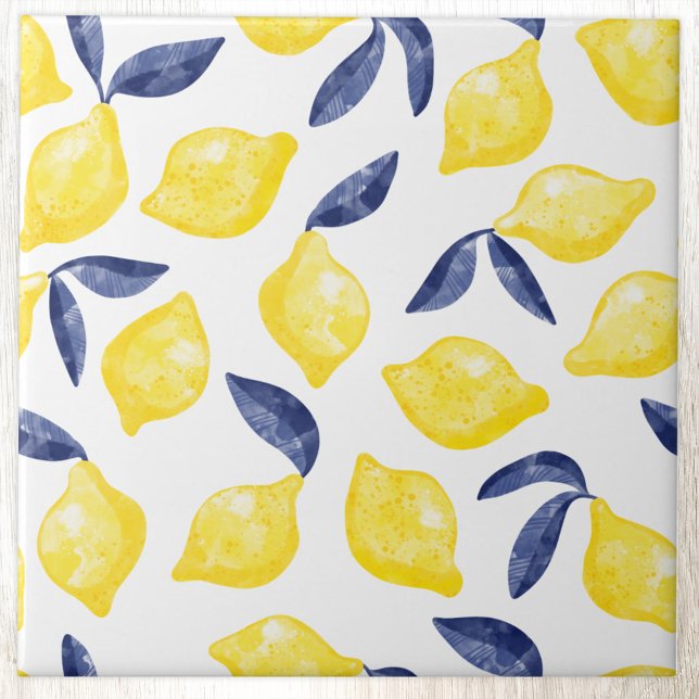Carreau Aquarelle Citrus Citron Méditerranée (Modern citrus lemon watercolor pattern decorative ceramic tile)
