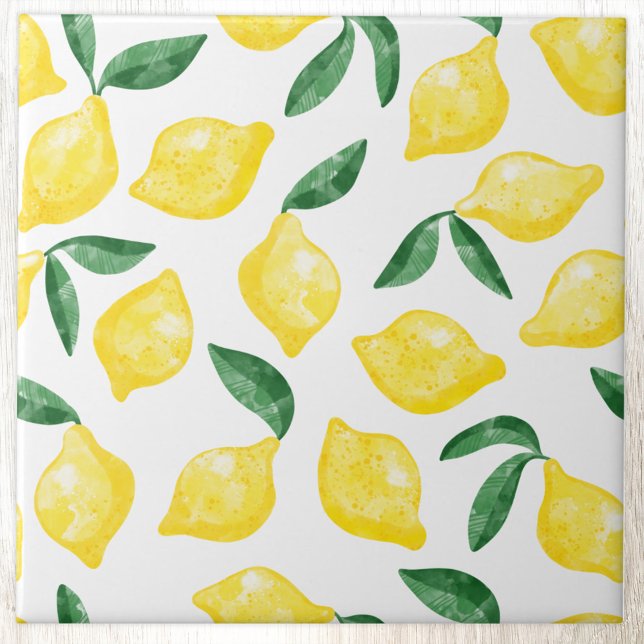 Carreau Aquarelle Citrus Citron Méditerranée (Modern citrus lemon watercolor pattern decorative ceramic tile)
