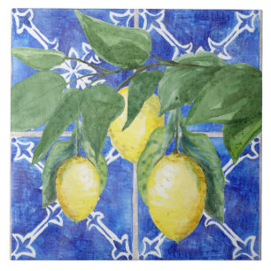 Carreau Aquarelle Citrus Citrus Foliage Bleu Blanc Motif