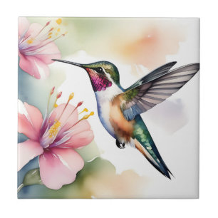 Carreau Aquarelle Colibri Aux Fleurs Roses