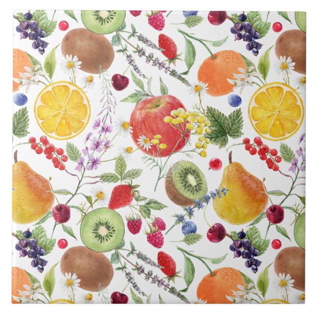 Carreau Aquarelle colorée Motif de fruits et d'herbes (Devant)