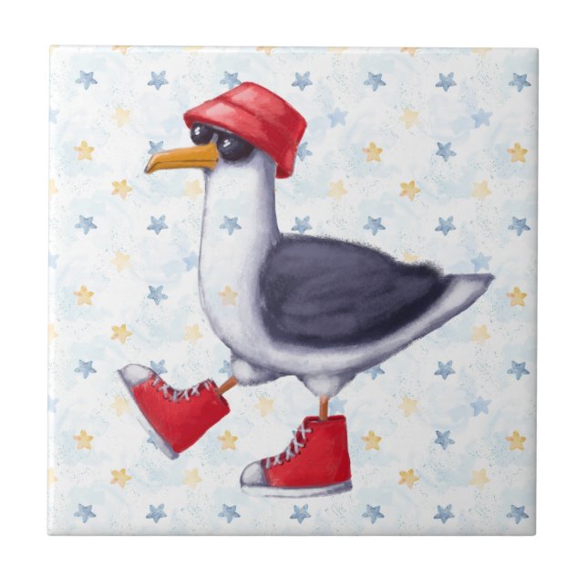 Carreau Aquarelle Cute Beach Seagull Cartoon Oiseau Nature (Devant)