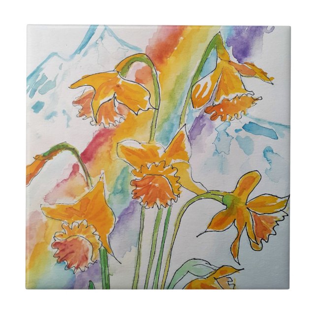 Carreau Aquarelle Daffodil Jaune Floral arc-en-ciel (Devant)