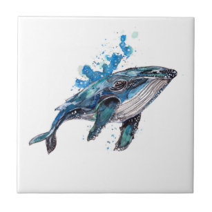 Carreau Aquarelle de baleine à bosse bleu