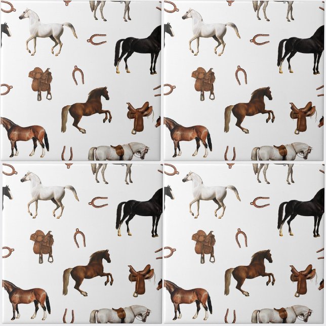 Carreau Aquarelle de chevaux Fer à cheval Selles de cheval (Horses Watercolor Horseshoe Horse Saddles Ceramic Tile)