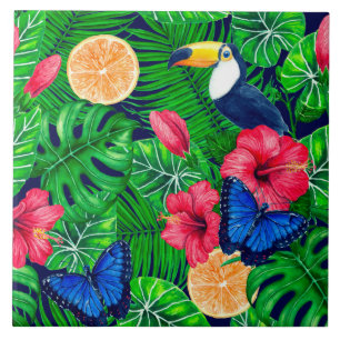 Carreau Aquarelle de jardin toucan et tropical