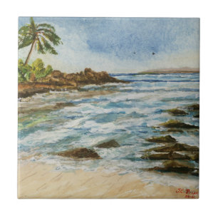 Carreau Aquarelle de plage d'Hawaï de crique de Makena