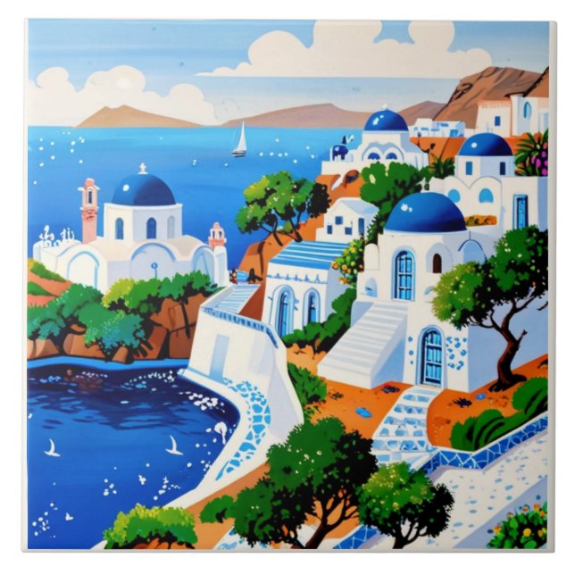 Carreau Aquarelle de Santorin peinture - île grecque (Devant)
