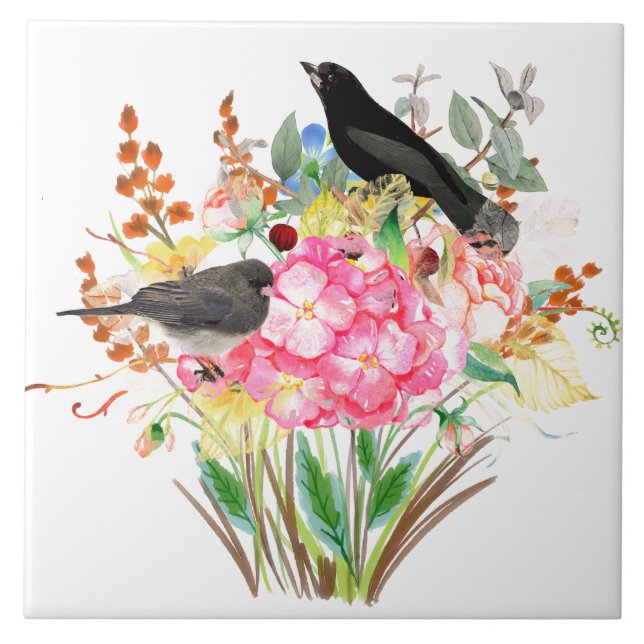 Carreau Aquarelle décorative Hydrangea avec oiseaux (Devant)