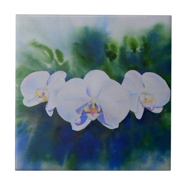 Carreau Aquarelle d'orchidée blanche, verdure (Devant)