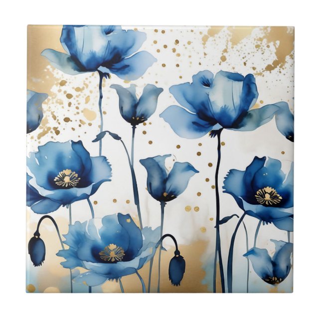Carreau Aquarelle Elegant Blue Poppies (Devant)