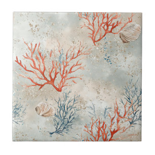 Carreau Aquarelle élégante de corail côtier et de vagues o