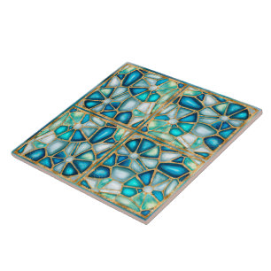 Carreau Aquarelle et cellules d'or - océan - cadre quatro