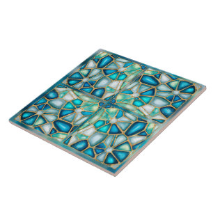 Carreau Aquarelle et cellules d'or - océan - quatro